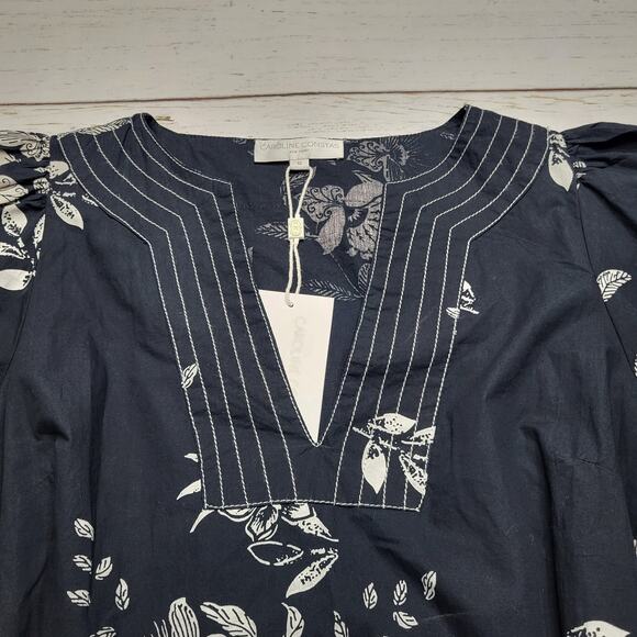 Caroline Constas Puff Sleeve V Neck Floral Dress Black White Tie Waist Small - Picture 3 of 10